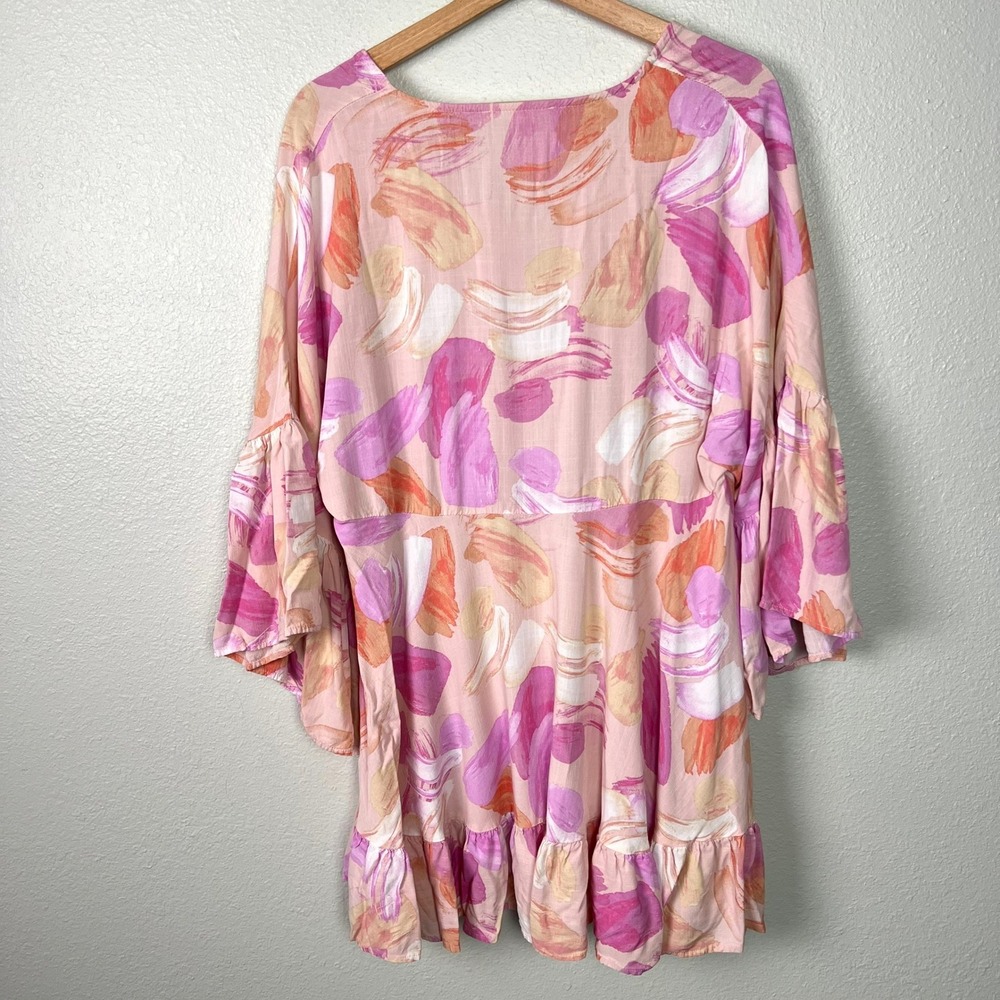 Label of Love Pink Abstract Brushstroke V-Neck Bell Sleeve Mini Dress Large - Picture 5 of 7